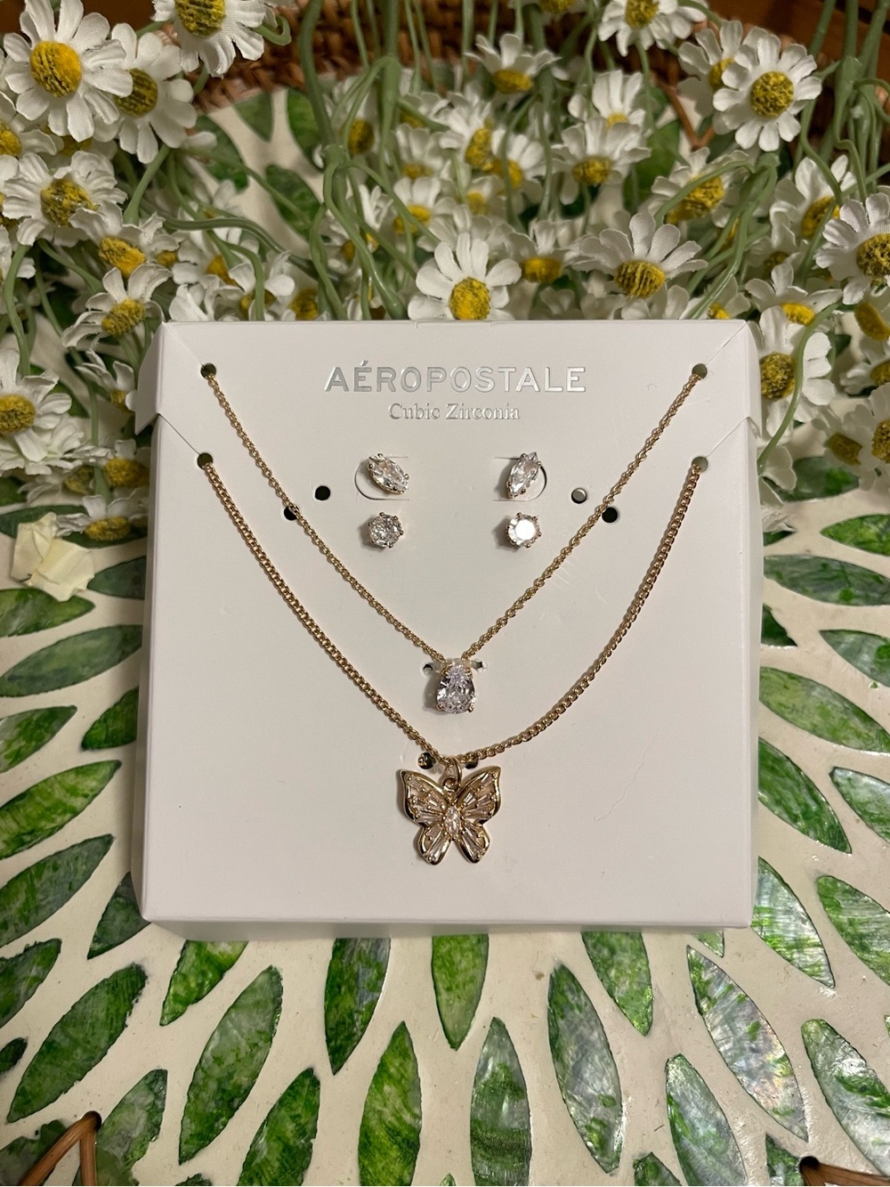 Aeropostale Gold Layered Butterfly Necklace and Cubic Zirconia Earring Set